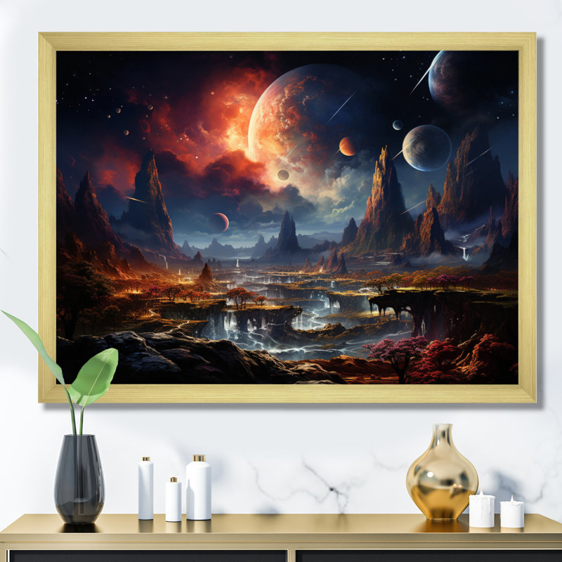 Impression sur toile orange orange et astronomique de l'espace, H 30 po x l 40 po x P 1,5 po, Encadrement doré