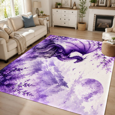 Tapis d'intérieur 1 pièce à motif de dragon mystique - Design fantastique violet vif, lavable style aquarelle, grand tapis fin avec envers antidérapant pour salon, chambre, cuisine et bureau.