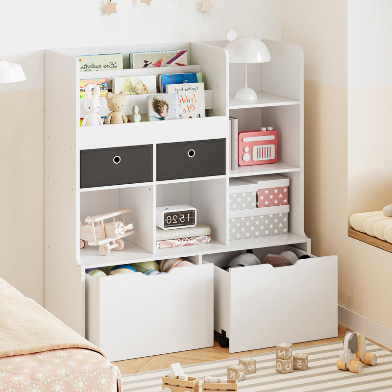 Rangement pour jouets 47,8 "avec tiroirs et casiers, bibliothèque moderne en bois pour salle de jeux, chambre d'enfant et salle de classe