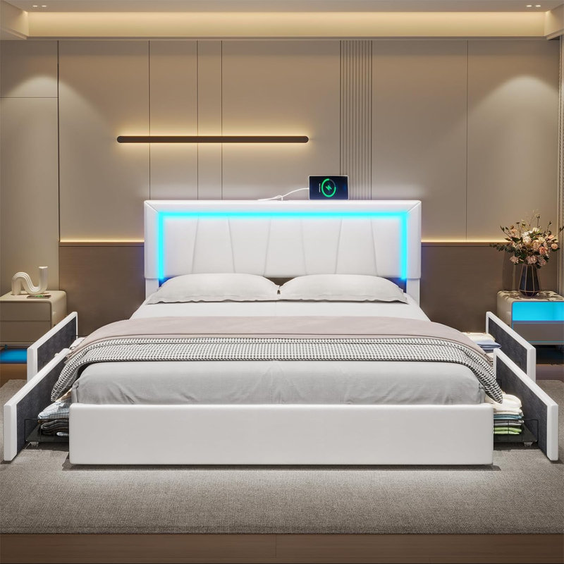California King Bed Frame With 4 Storage Drawers And Led Lights Upholstered Platform Storage Bed Frame With Charging Station And Headboard Cali King Led Bed Frame,Easy Assemble
