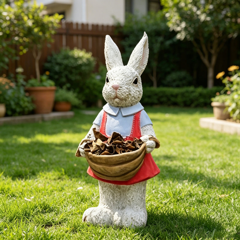 Sculpture de lapin en résine artisanale, décorative pour jardin ou terrasse.