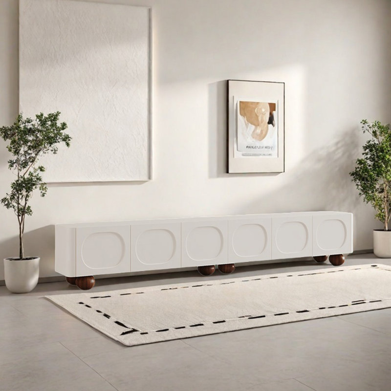 Meuble télé en bois massif de style crème avec 2 tiroirs et 2 armoires, 118.11"