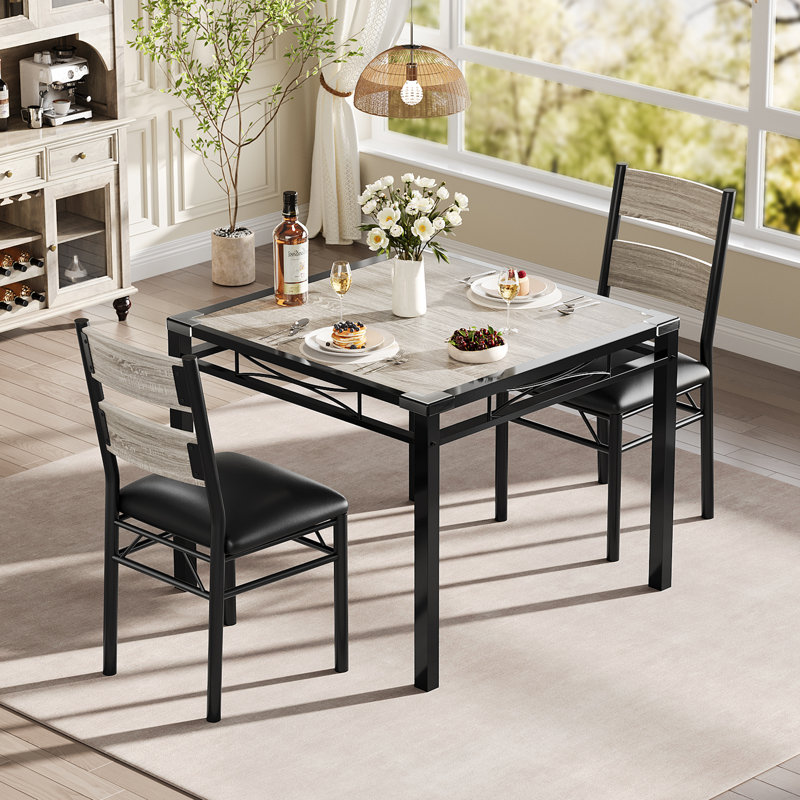 Ensemble de table de salle à manger pour 2 personnes, ensemble de table de coin-repas 3 pièces avec 2 chaises et structure en métal robuste, ensemble de coin-repas peu encombrant pour cuisine, salle à manger, appartement, gris