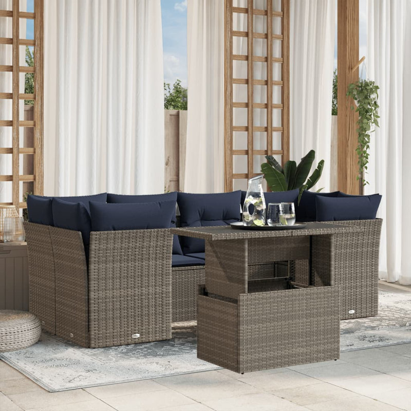 Ensemble de canapé de patio 7 pièces avec coussins en rotin de polyester, Gris, Marine
