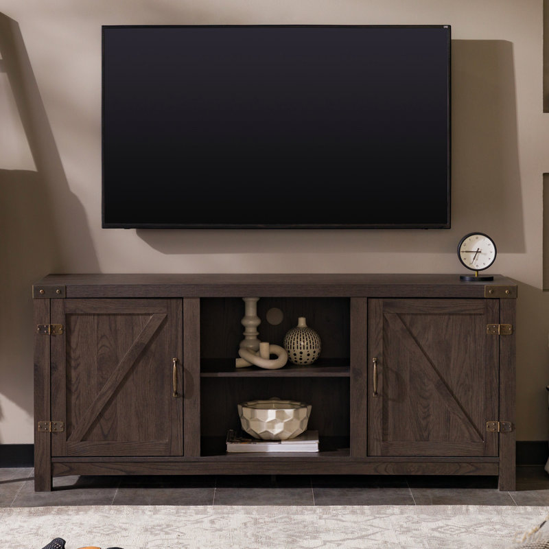 Modern Farmhouse Barn Door 3-Shelf TV Stand For Tvs Up To 65”, Gray