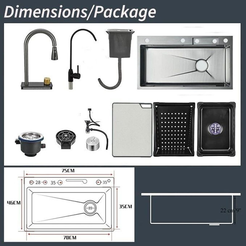 Ensemble d'évier de cuisine en acier inoxydable 29,5 "à simple cuve avec robinet rétractable