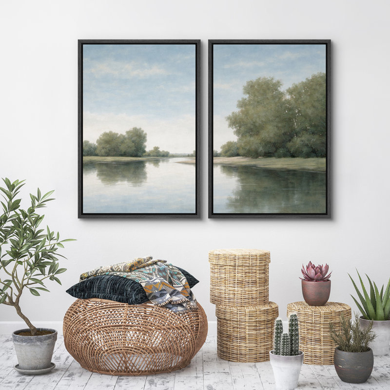 «Serene River Landscape with Green Trees Reflection», reproduction d'art sur toile encadrée, 2 pièces, Noir