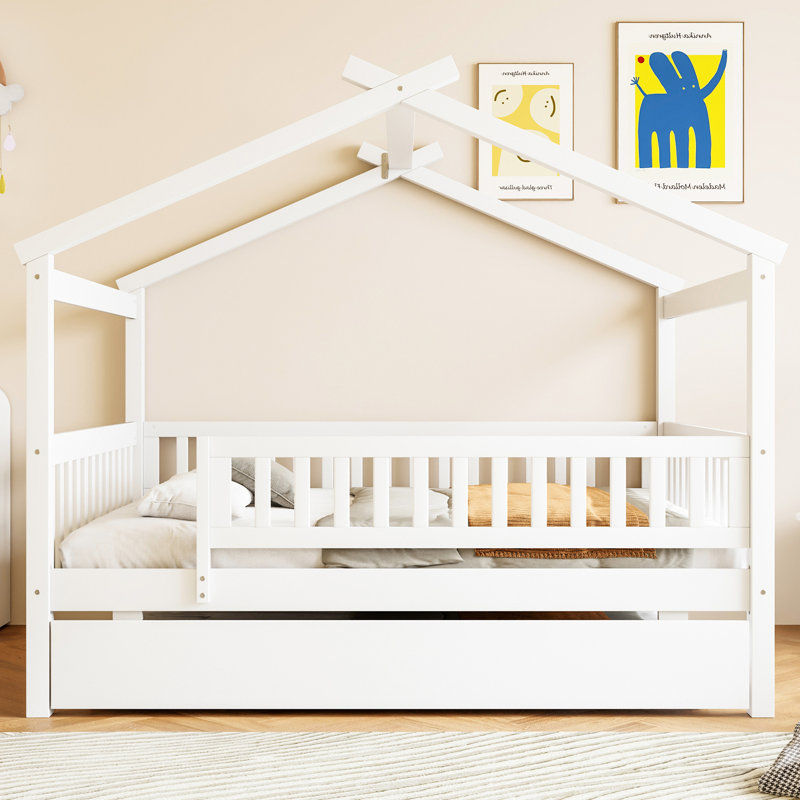 Lit en bois avec lit gigogne simple, Blanc, Double