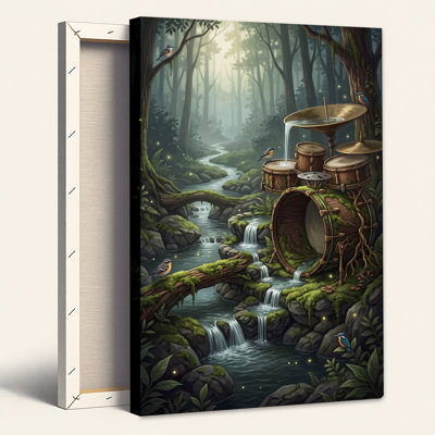 Art mural sur toile Mossy Drum Set Versing Water in Misty Forest Stream