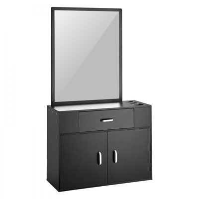 Organisateur de salon, unité de suspension murale pour coiffeurs, complet avec 3 supports, miroir, rangement à double porte et tiroir simple, noir