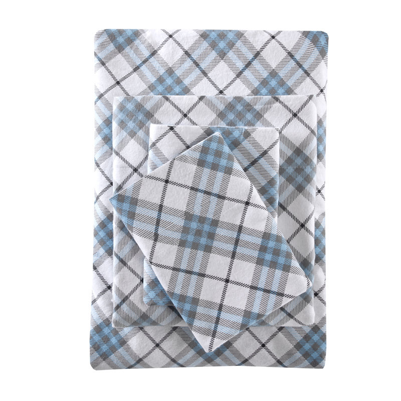 Ensemble de draps 100% coton Cozy, Ensemble de draps pour lit simple avec 1 taie d'or, À carreaux, bleu