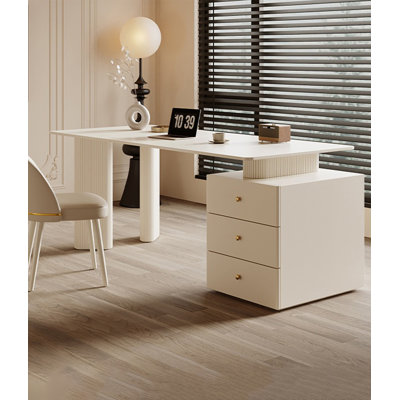 Light Luxury Modern White Sintered Stone Tabletop Desk with Cabinet