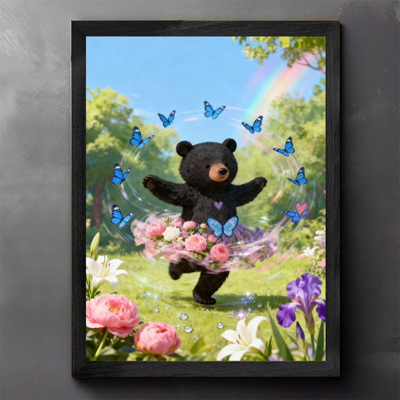 Art mural rétro noir, petit ours mignon jouant avec des papillons, impressions encadrées de style rétro, H 11 po x l 9 po