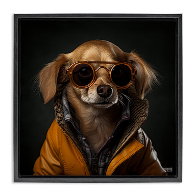 Stylish Dog on Black Black Framed Floater Canvas Wall Art by Roozbeh Bahramali