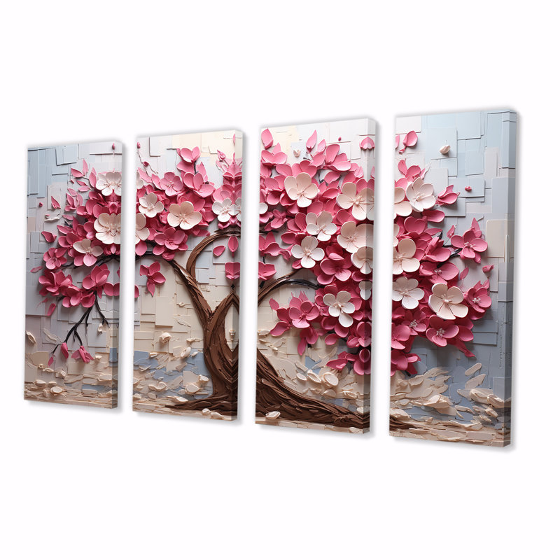 Orchidée rose et blanche, branches II - arbre, 4 pièces, décoration murale, H 32 po x l 64 po