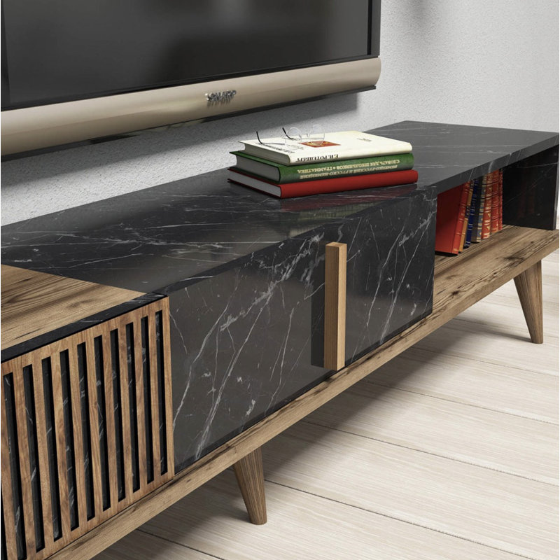 Modern TV Unit with Wall Shelf, Walnut & Anthracite, 70.9 x 15.7 x 13.8 Inches | 100% Melamine Coated Particle Board, Thickness: 0.7 Inches | Multiple Shelves, Geometric Design, Durable Plastic Legs, Perfect for Living Room Decor