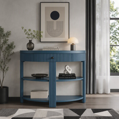 Fluted Half Moon Console Table with Drawer & 2 Shelves, Demi-Lune Entryway Table, Modern Wood Hallway Sofa Table with Storage