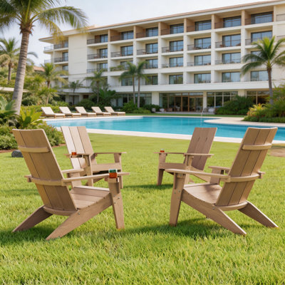 Aurra Set of 4 Modern All Weather Outdoor HIPS Plastic Adirondack Chairs with Cup Holder Oversize Fire pit Chairs