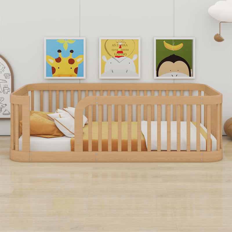 Base de lit en bois avec clôture en bois, Naturel