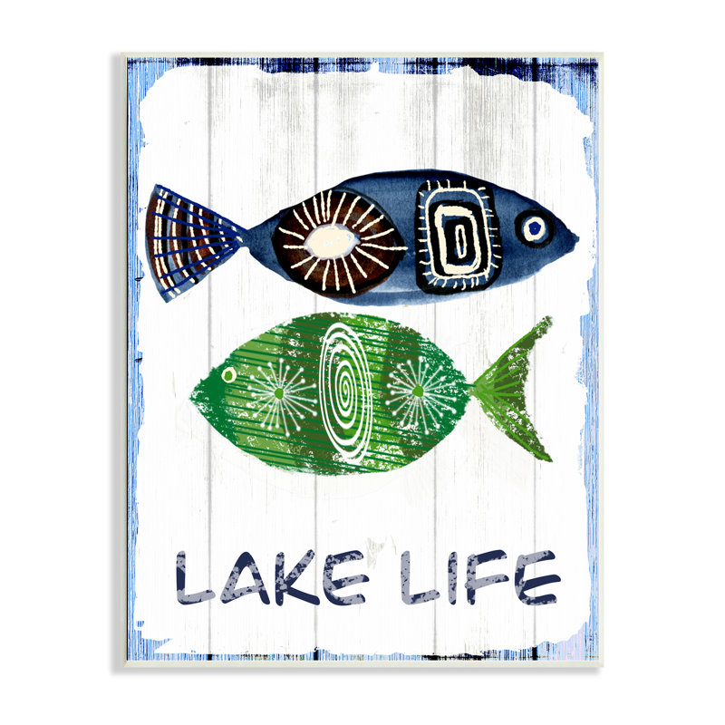 «Lake Life», motif de formes de poisson patiné par Jadei, impression, L 10 po x H 15 po, Bois