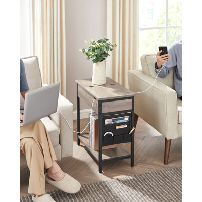 Table d'appoint avec ports USB et prises de courant, table de bout rabattable avec station de charge, grège et noir