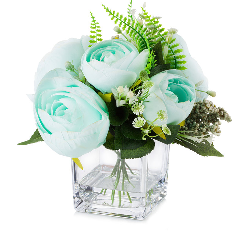Arrangement floral pivoines en soie dans un vase, Azur