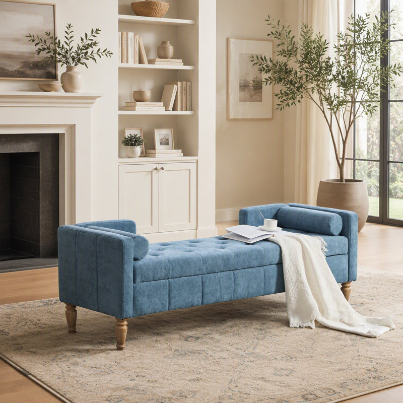 Banc de rangement à couvercle rabattable recouvert de chenille, avec accoudoirs, dossier et coussins pour une utilisation polyvalente à la maison, pieds en bois d'hévéa blanchi