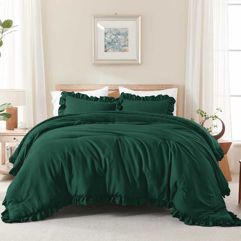 Andency Dark Green Ruffle Comforter Set, 2 Pieces Kids Comforter Set Twin(66x90Inch), Farmhouse Comforter Set, Soft Microfiber Kids Bedding Set