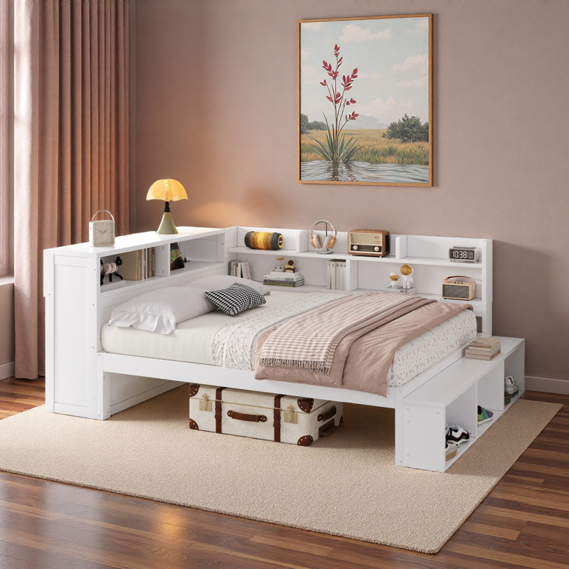 L-shaped Daybed With Storage Cabinets, Shoe Cabinet And Usb Ports, White