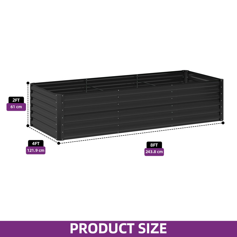 Galvanized Raised Garden Bed With Gloves, Black, 24" H x 96" W x 48" D
