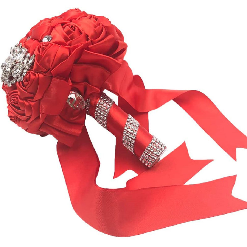 Mariage et bouquet de quinceanera fleur de satin rose avec cristal strass scintillant , Rouge