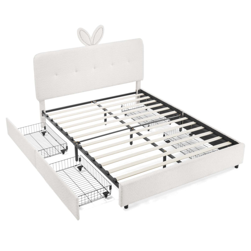 Lit tapissier pour enfants avec tête de lit à oreilles en lapin, lumière DEL et 4 tiroirs de rangement, tissu Boucle (84,5 po x 62,75 po x 41 po)