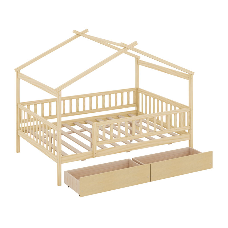 Lit en bois avec deux tiroirs, Naturel