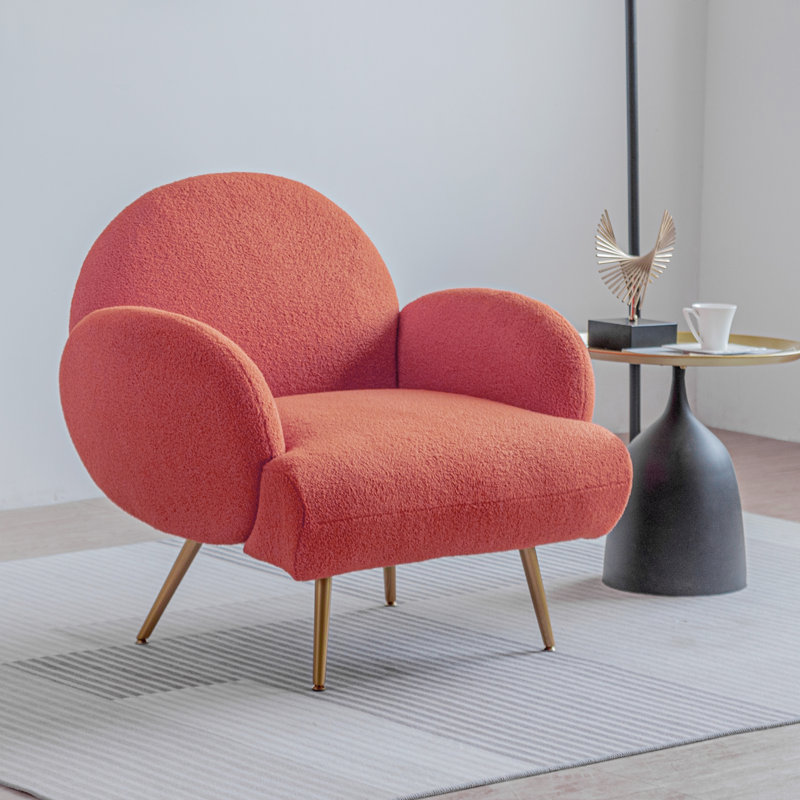 Modern Accent Chair, Plush Sherpa Teddy Fabric Upholstered Armchair with Metal Legs, Mid-Century Inspired Living Room & Bedroom Chair, Comfortable Reading Chair for Home, Office or Lounge (Orange Single Chair)