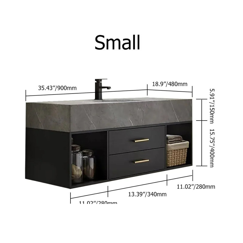 Ensemble de meuble-lavabo mural moderne flottant noir avec pierre frittée encastrable 35 po Chiverton, Noir et or, 35", Gris
