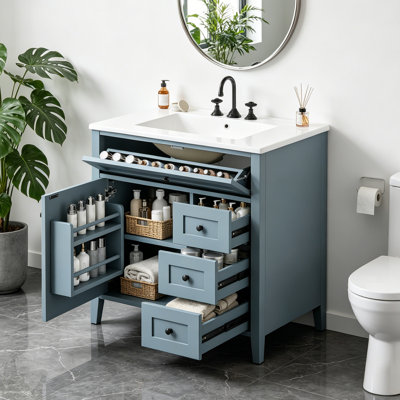 Meuble-lavabo 30 po gris bleu avec lavabo en céramique, meuble-lavabo autoportant pour le rangement et l'organisation de la salle de bain (porte de gauche)