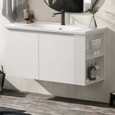 Meuble-lavabo mural polyvalent 36 po avec lavabo en céramique 36 po, portes flottantes à poignée libre et 2 tablettes latérales ouvertes, grand espace de rangement