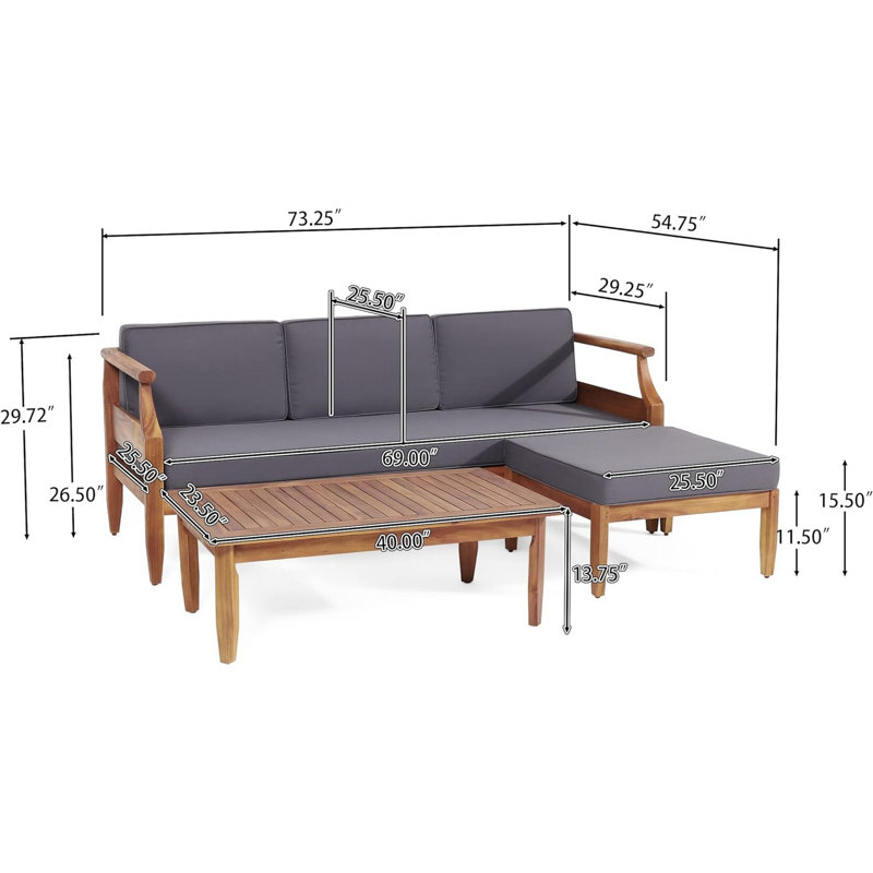 Ensemble de canapé d'extérieur, repose-pieds et table 3 pièces, bois d'acacia brun teck, gris