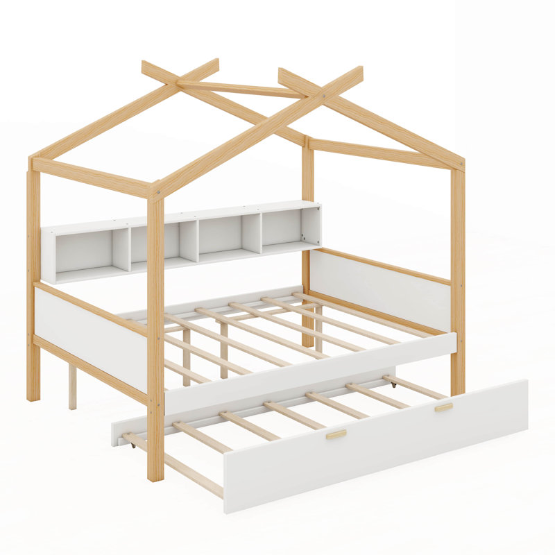 Full Size Wooden House Bed With Original Wood Colored Frame Twin Size Trundle