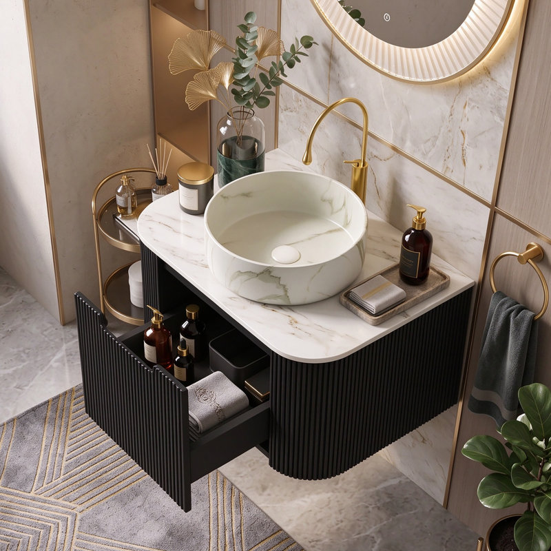 Wall Mounted Single Vanity Bathroom Vanity With Solid Surface Top, Black