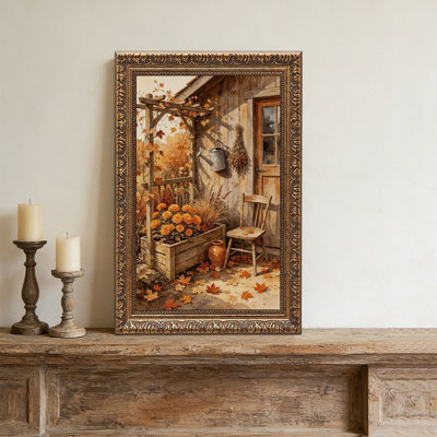 Cadre mural vintage orné représentant une scène de chalet d'automne – Cadre décoratif doré pour œuvres d'art.
