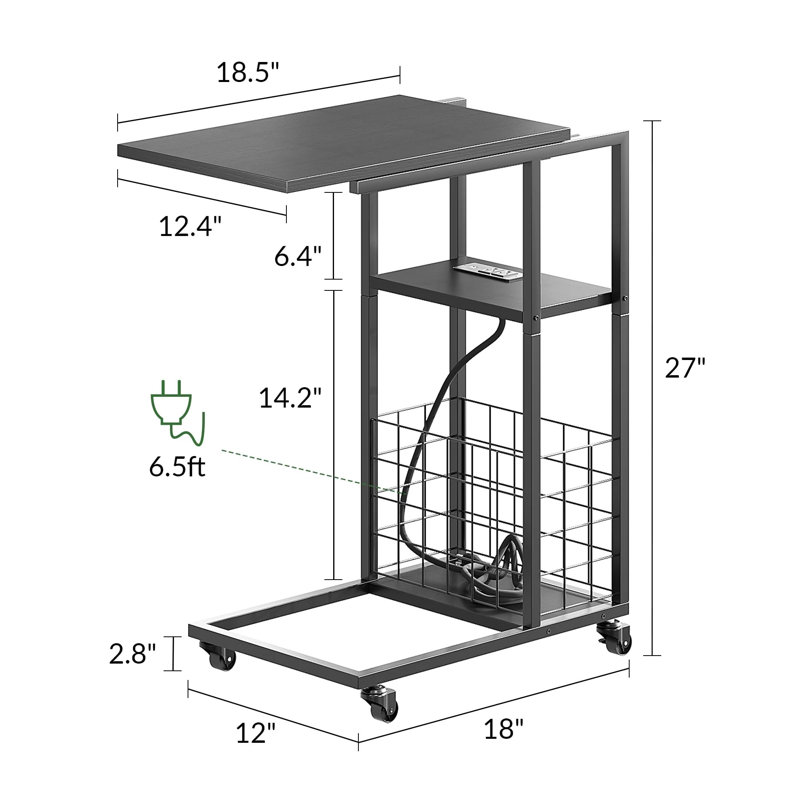 Odika Side Table, Under Seating Table With Rolling Wheels, Integrated Power, Adjustable C-shaped End Table For Home, Living Room, Bedroom (black) - Et-cs-gy-41823