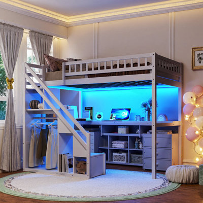 Lit mezzanine simple spacieux avec bureau intégré, 2 tiroirs et lumières DEL contrôlées par l'application AVELOR