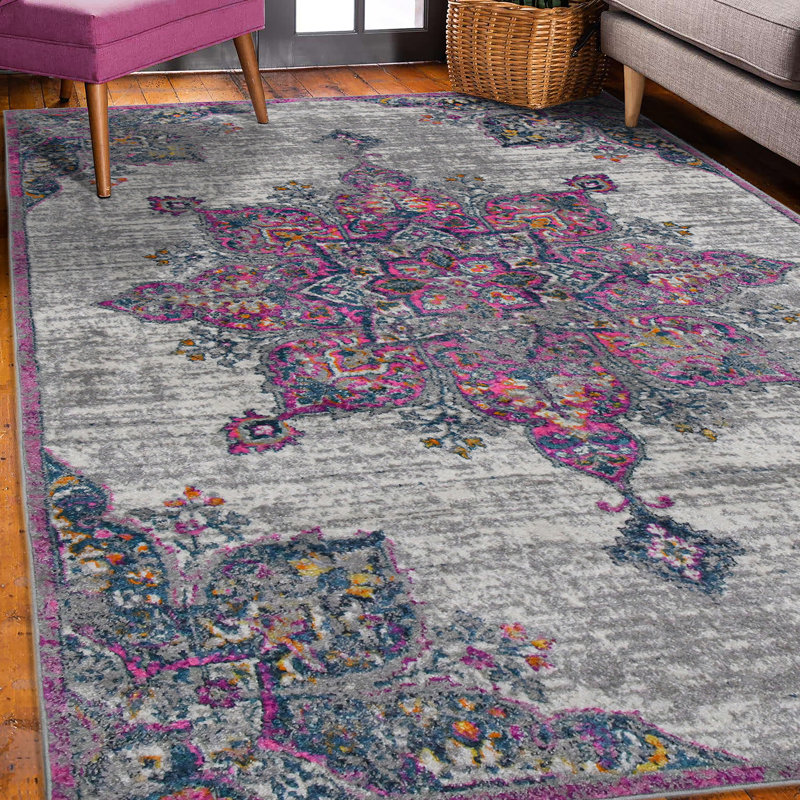 Miranda Medallion Durable Performance Pink/Gray Area Rug, Rectangle 5'3" x 7'6"