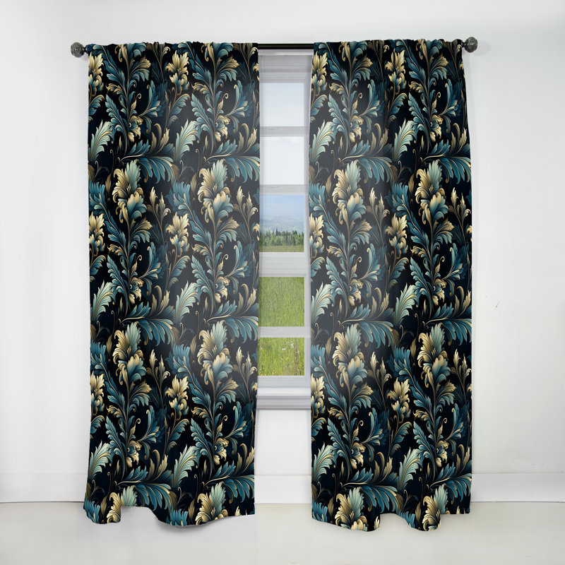Gold And Blue Luxury Damask Serenade III - Damask Curtain - Velvet Room Darkening - 1 Panel, 52" W x 84" L