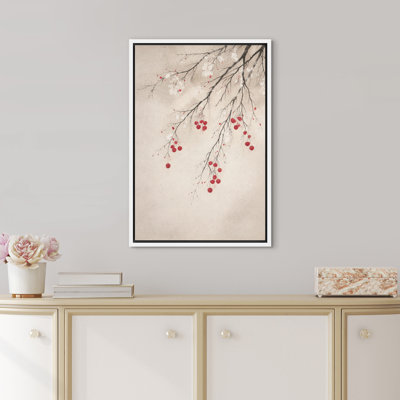 Delicate Cherry Blossom Branch with Red Berries Wall Art Decor Framed On Canvas Print