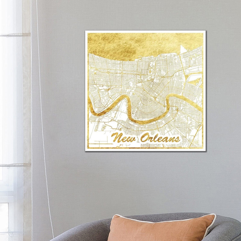 New Orleans Gold Leaf Urban Blueprint Map 1 Piece Wrapped Canvas Wall Art, 66.04 cm H x 66.04 cm W x 1.91 cm D