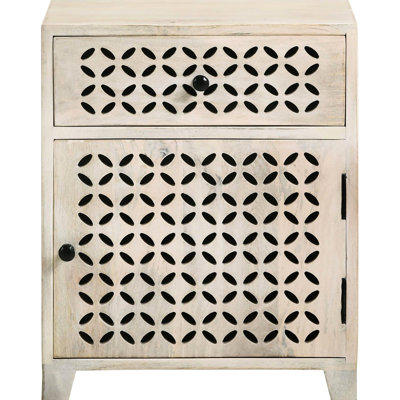 Mango Wood Cabinet With Drawer In Beige Whitewash Finish For Bedroom Accent Whitewashed Look Decor