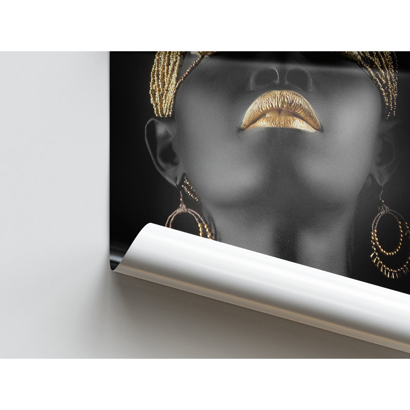 African Woman Abstract Art Canvas with Lips - Ethnic Black Woman Printed Artwork, 60 cm H x 90 cm W, White Floater Framed