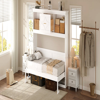Lit escamotable simple avec station de charge et tiroir, blanc